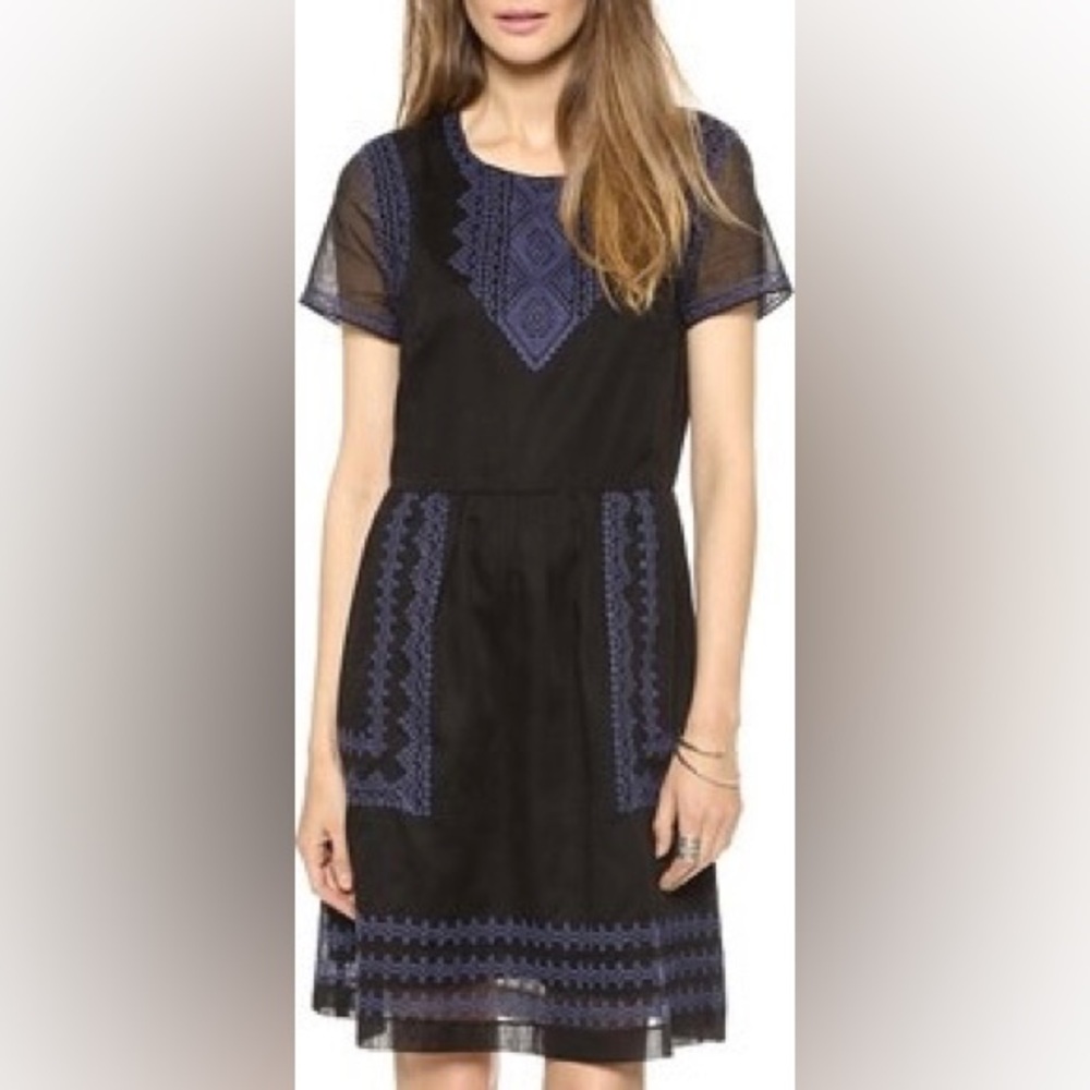 Madewell Dress Womens size 4 Black Blue Embroidered Short Sleeve Office Party
